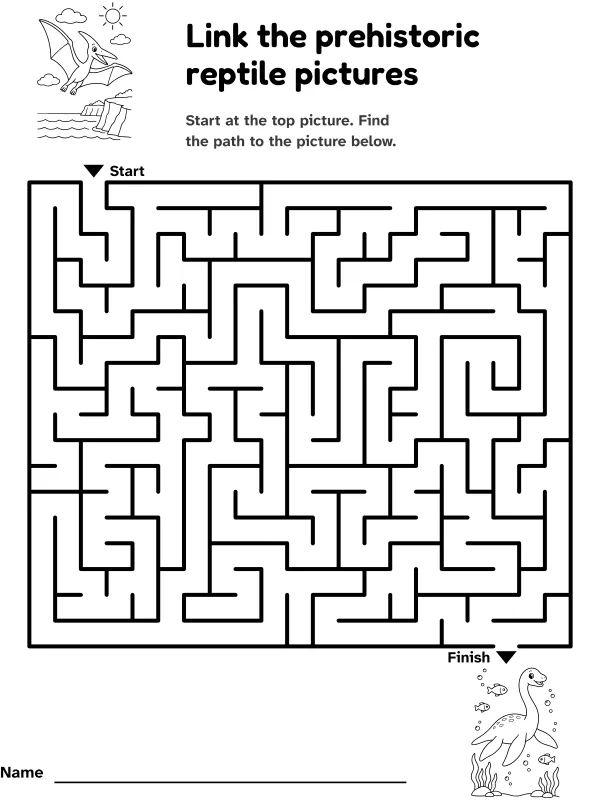 Flying to swimming reptile maze: link the prehistoric reptile pictures, with pictures at the start and finish