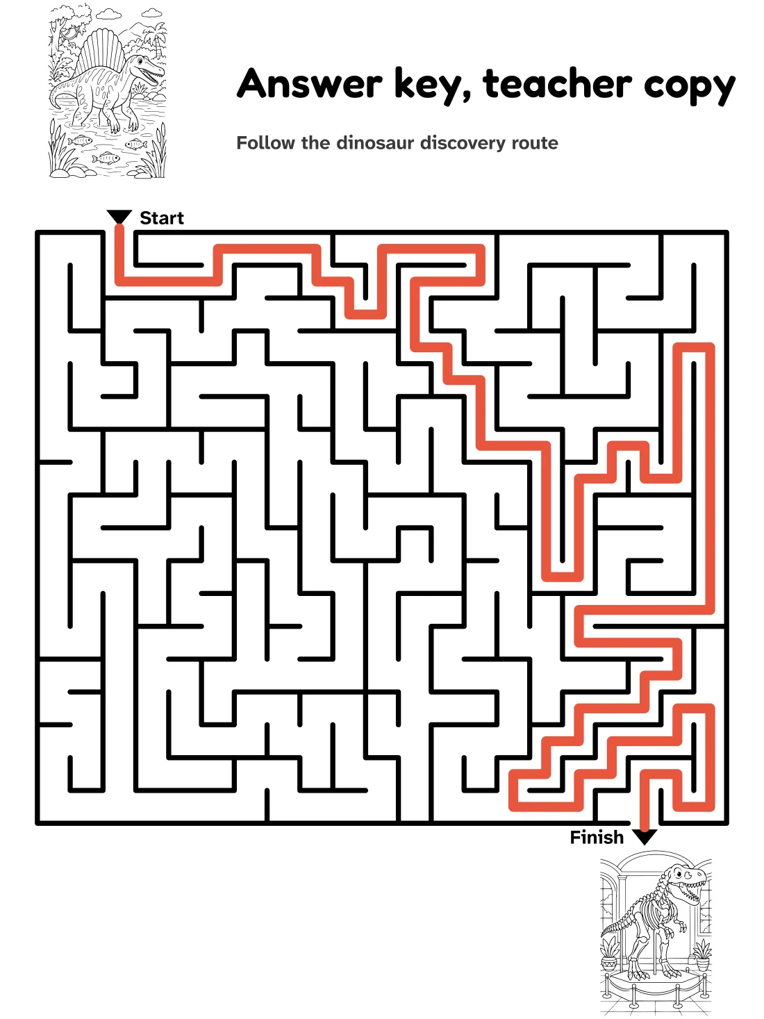 Answer key for the spinosaurus to skeleton maze