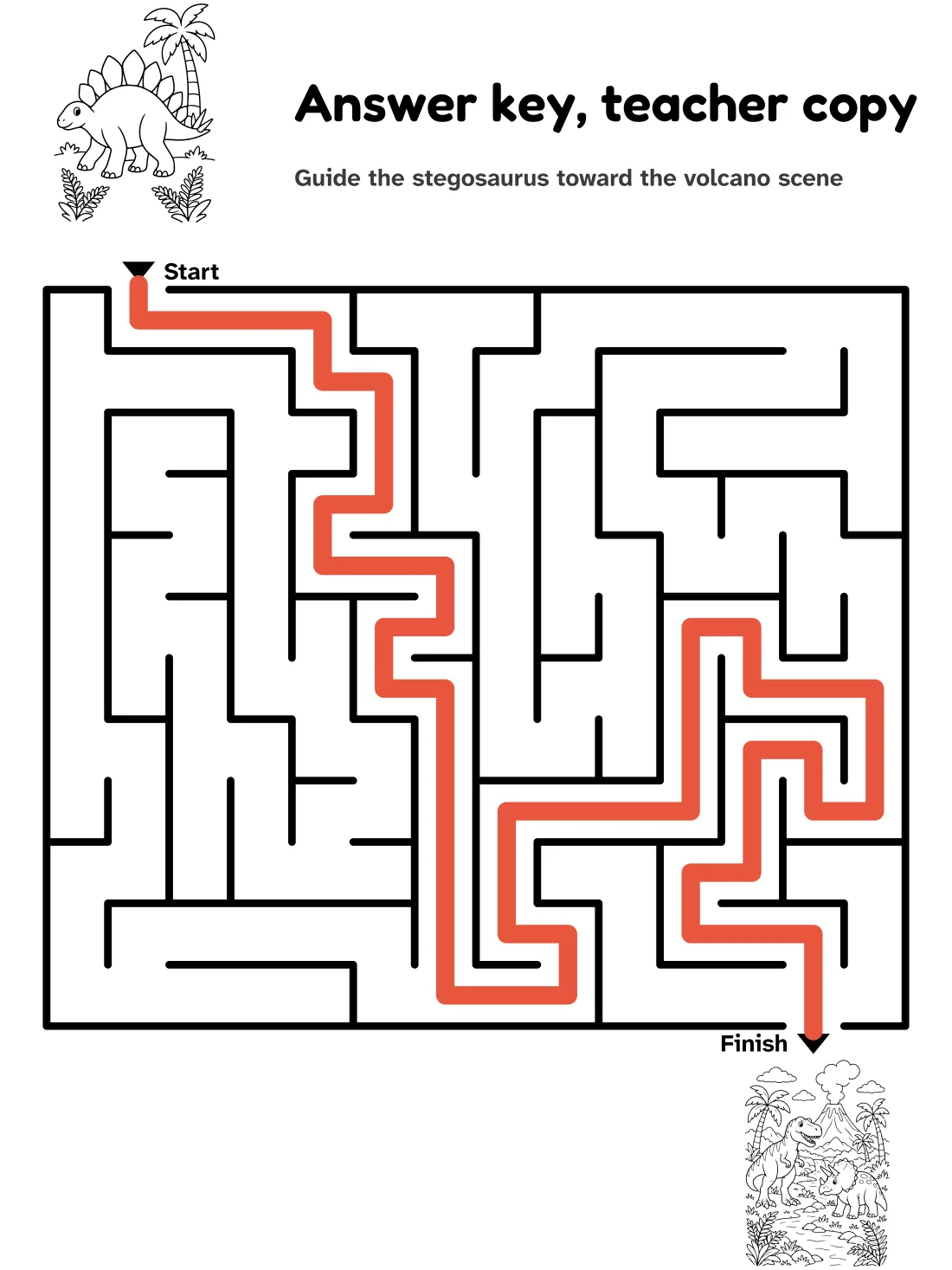 Answer key for the stegosaurus to volcano maze