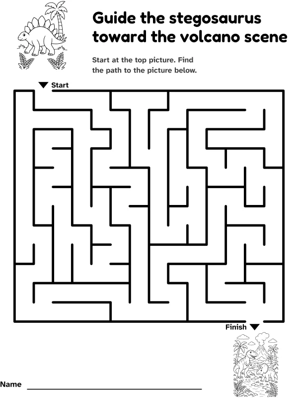 Stegosaurus to volcano maze: guide the stegosaurus toward the volcano scene, with pictures at the start and finish