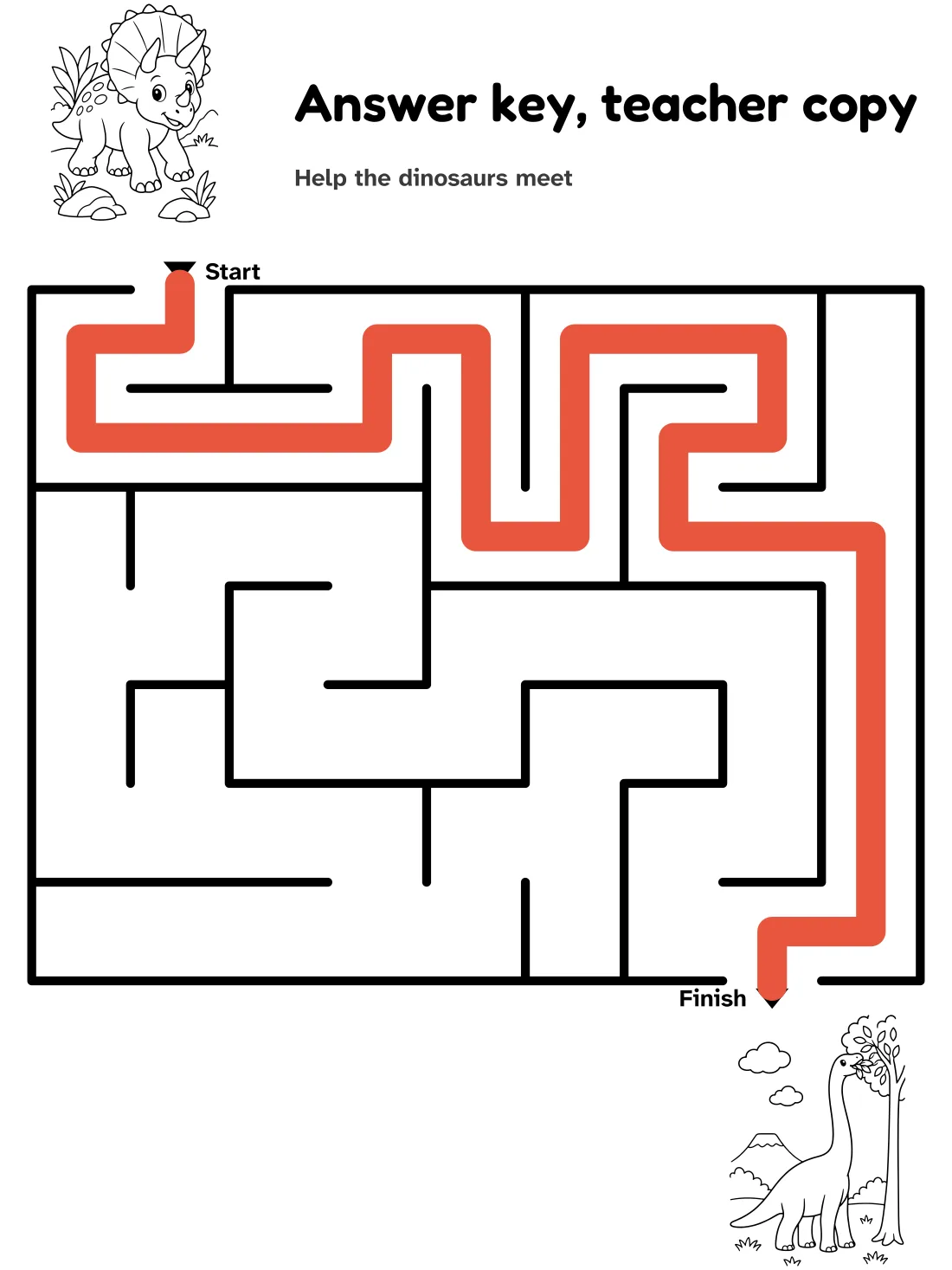 Answer key for the triceratops to brachiosaurus maze