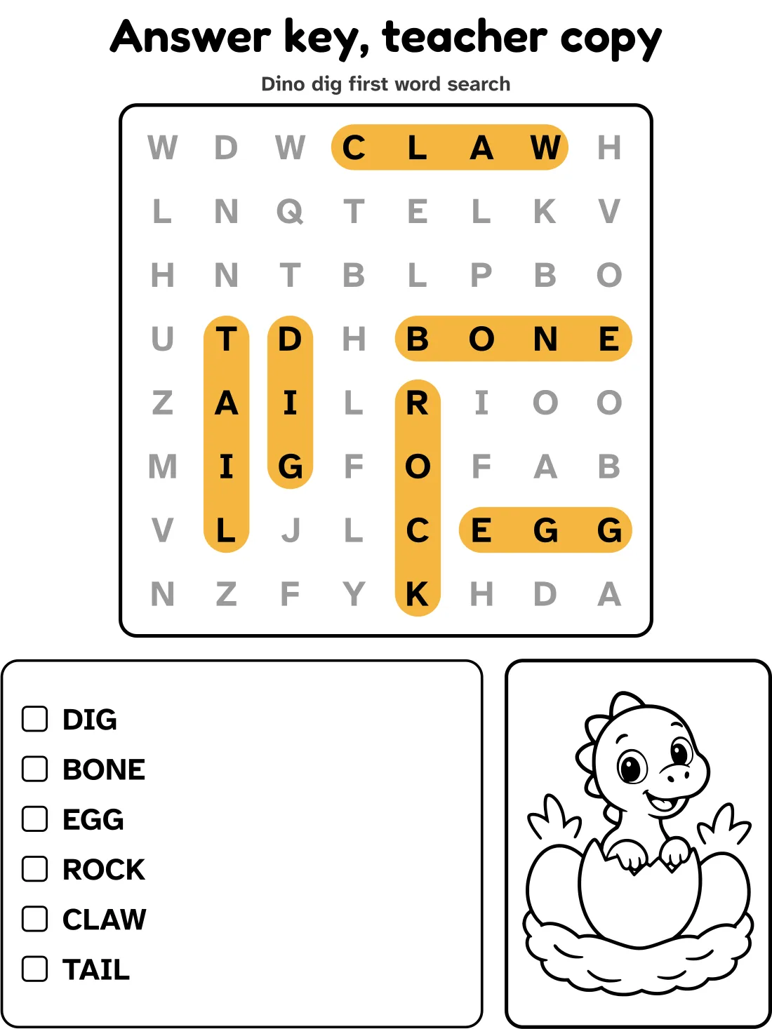 Answer key for the dino dig first word search