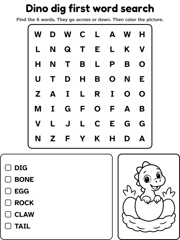 Dino dig first word search