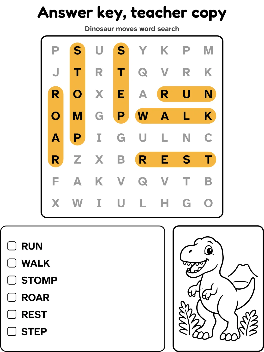 Answer key for the dinosaur moves word search
