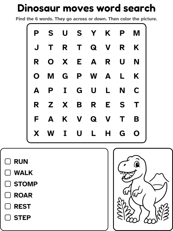 Dinosaur moves word search
