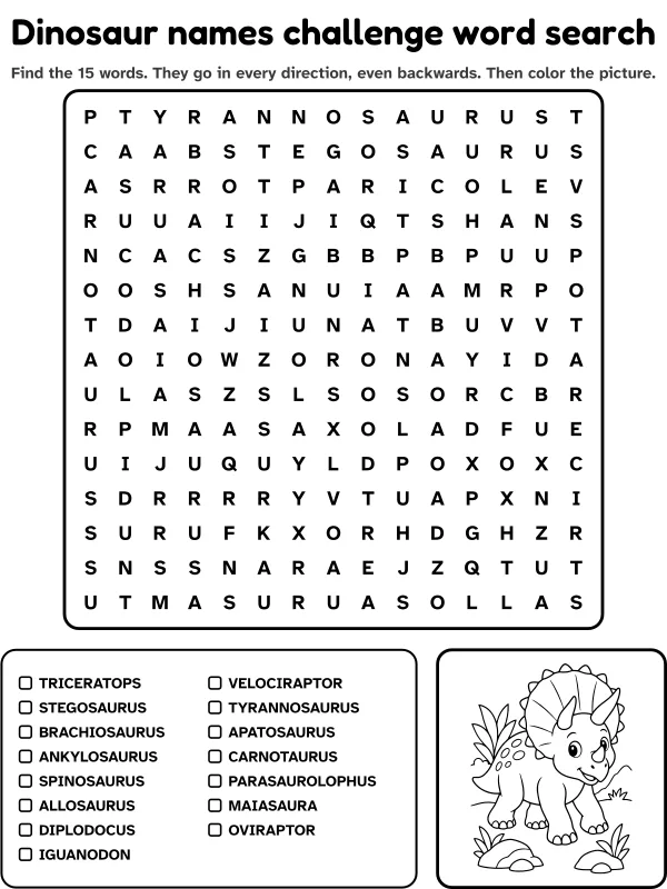 Dinosaur names challenge word search with 15 words to find and a picture to color