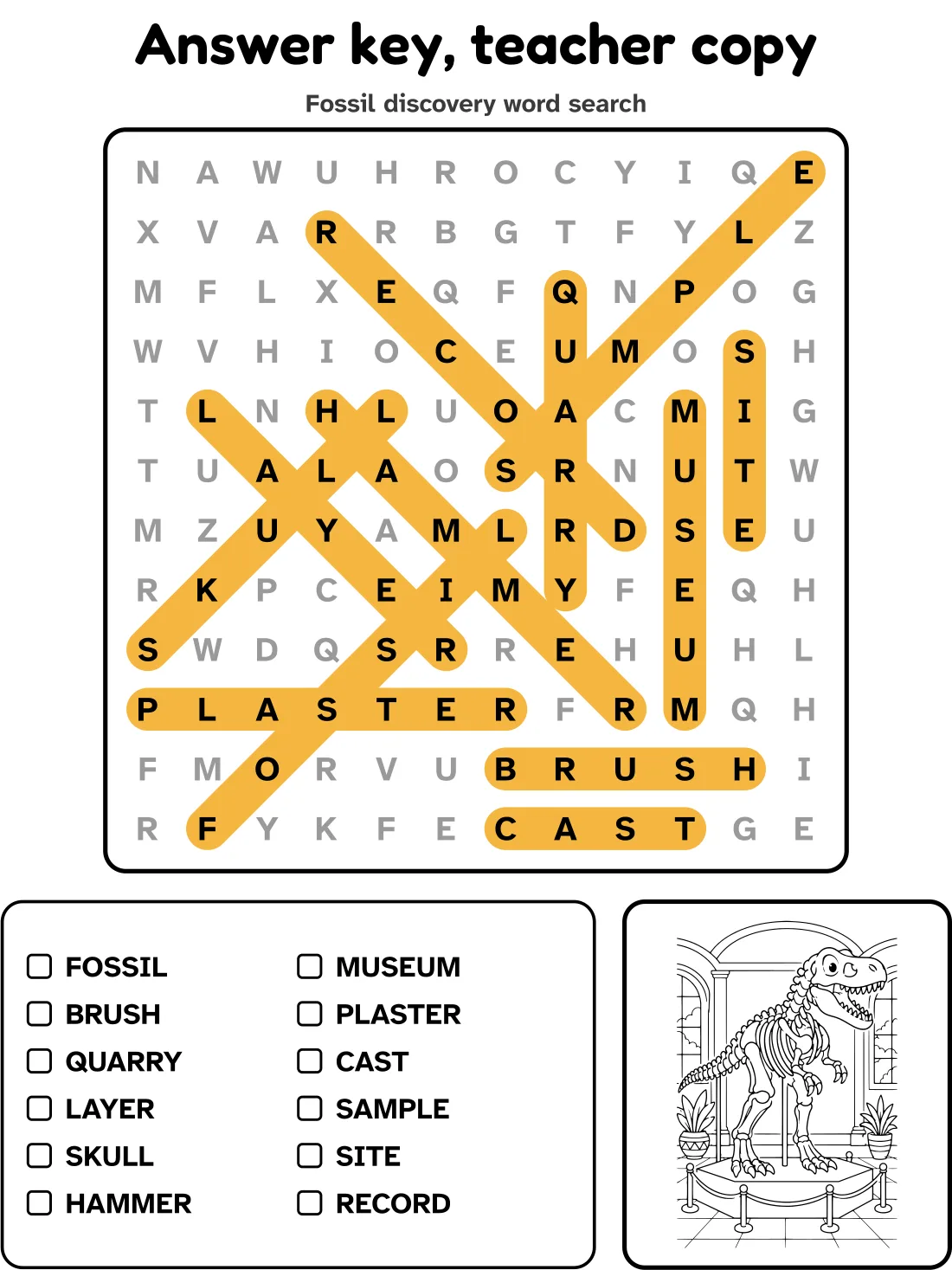 Answer key for the fossil discovery word search