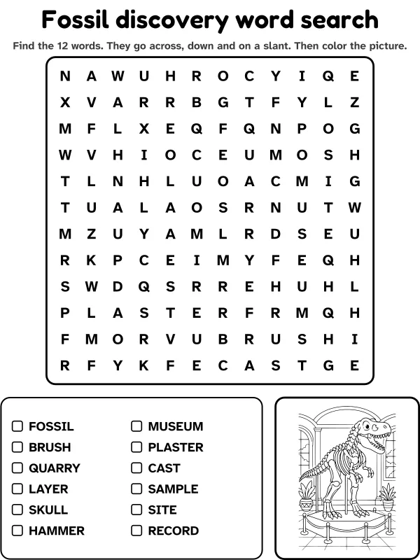 Fossil discovery word search with 12 words to find and a picture to color
