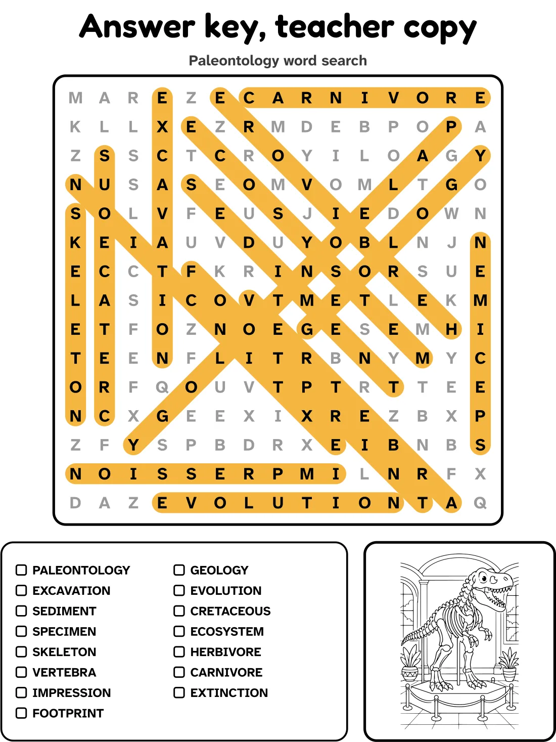 Answer key for the paleontology word search
