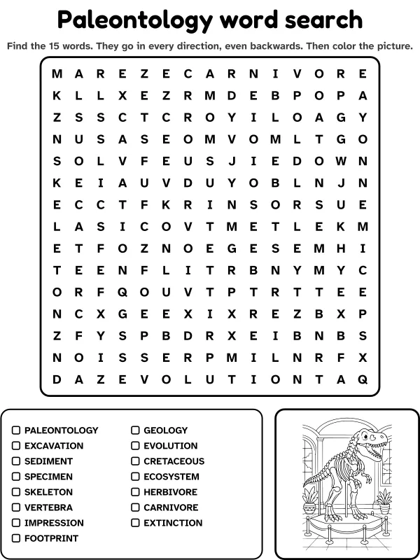 Paleontology word search with 15 words to find and a picture to color