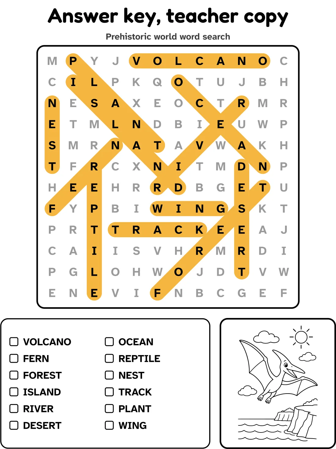 Answer key for the prehistoric world word search