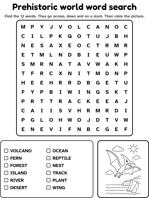 Prehistoric world word search with 12 words to find and a picture to color