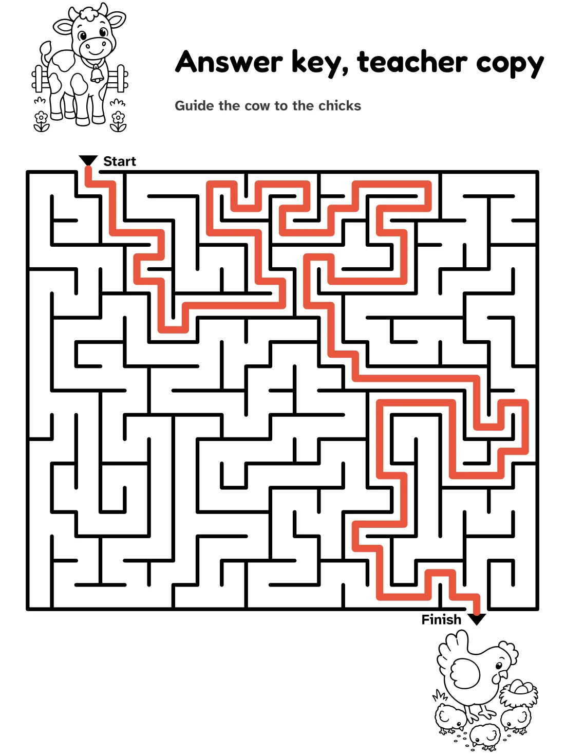 Answer key for the cow to chicks maze