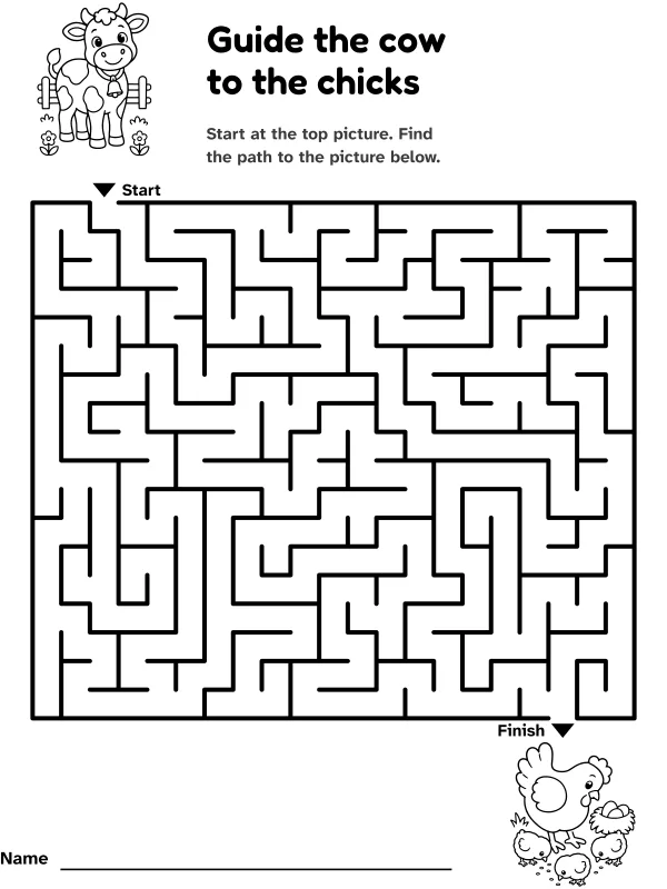 Cow to chicks maze: guide the cow to the chicks, with pictures at the start and finish
