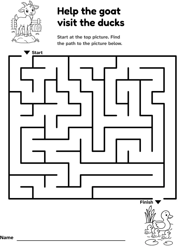Goat to ducks maze: help the goat visit the ducks, with pictures at the start and finish