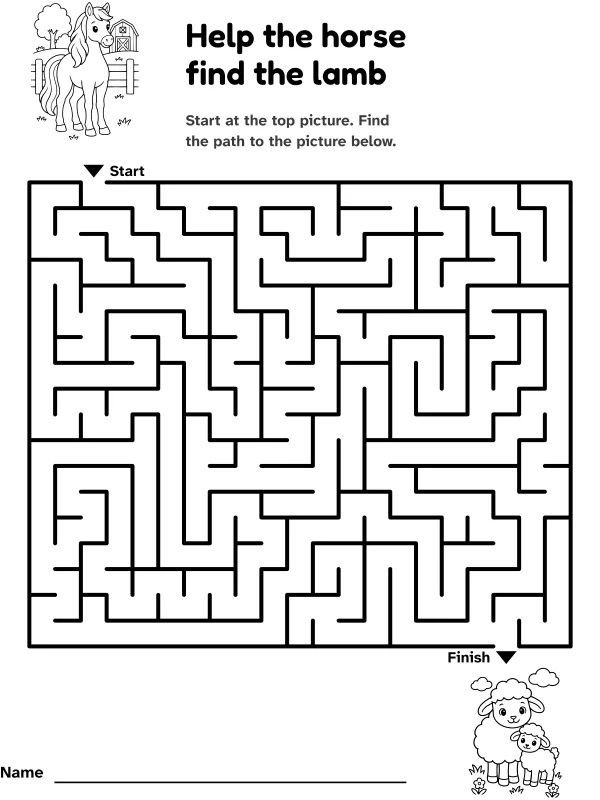 Horse to lamb maze: help the horse find the lamb, with pictures at the start and finish