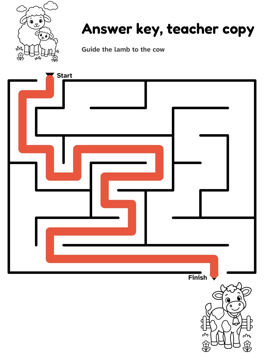 Answer key for the lamb to cow maze