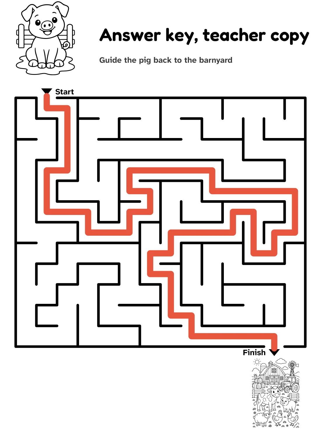 Answer key for the pig to barnyard maze