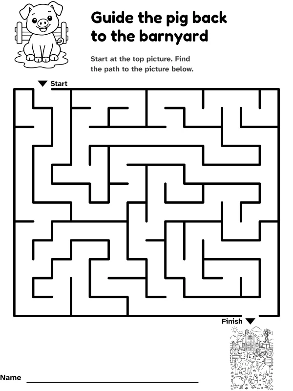 Pig to barnyard maze: guide the pig back to the barnyard, with pictures at the start and finish