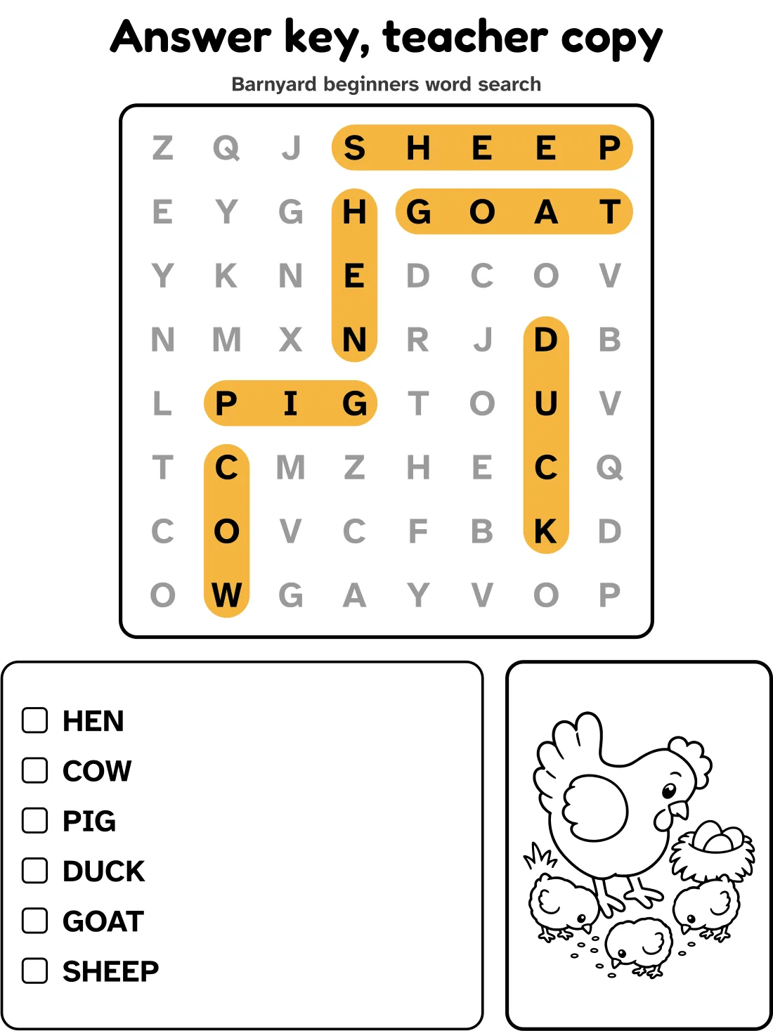 Answer key for the barnyard beginners word search