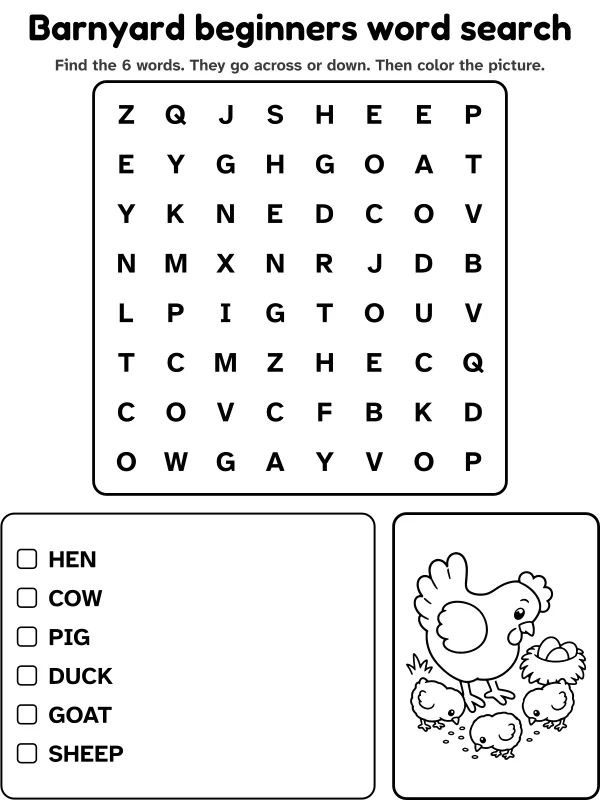 Barnyard beginners word search