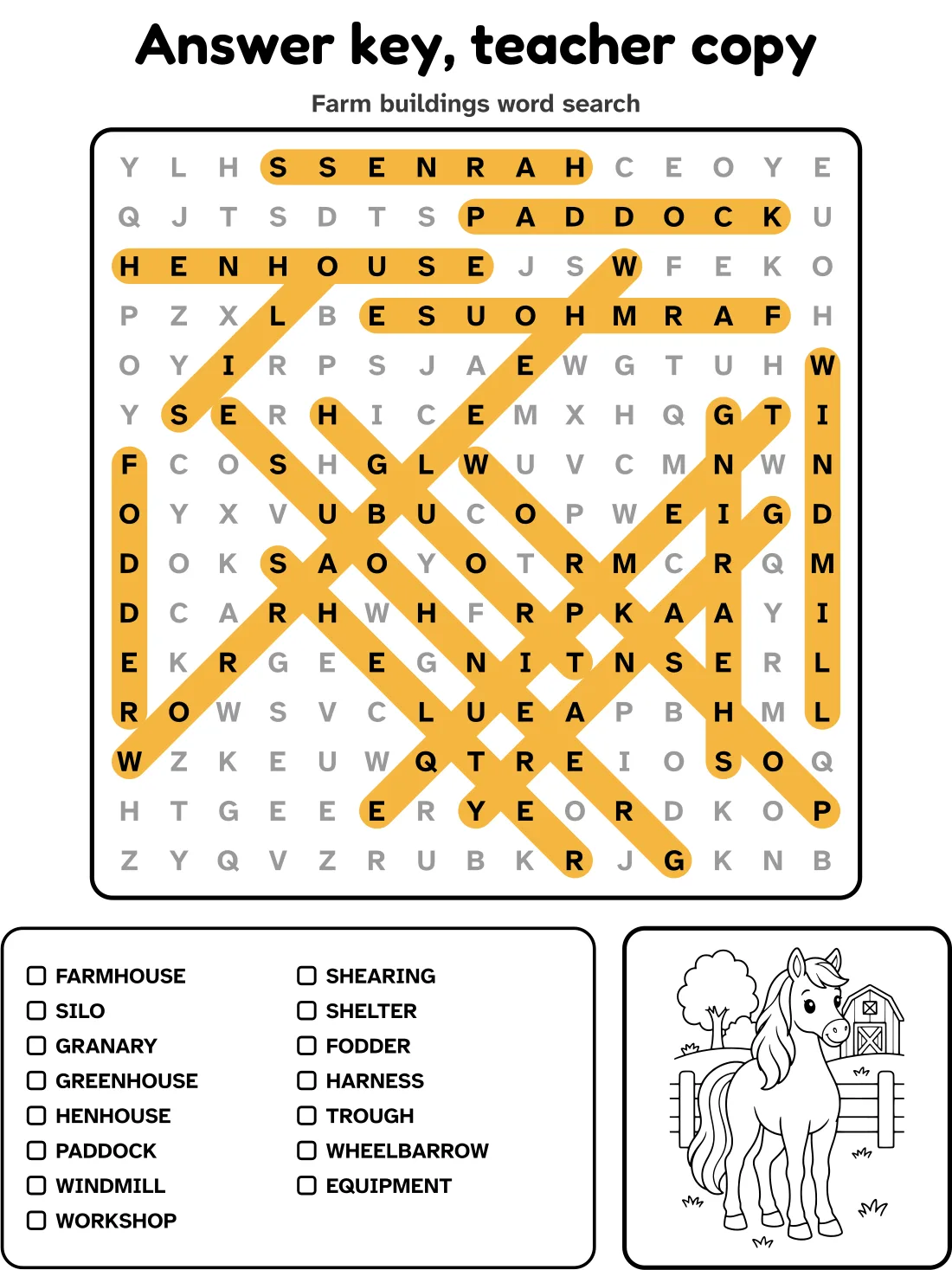 Answer key for the farm buildings word search