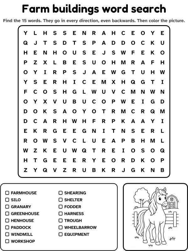 Farm buildings word search with 15 words to find and a picture to color