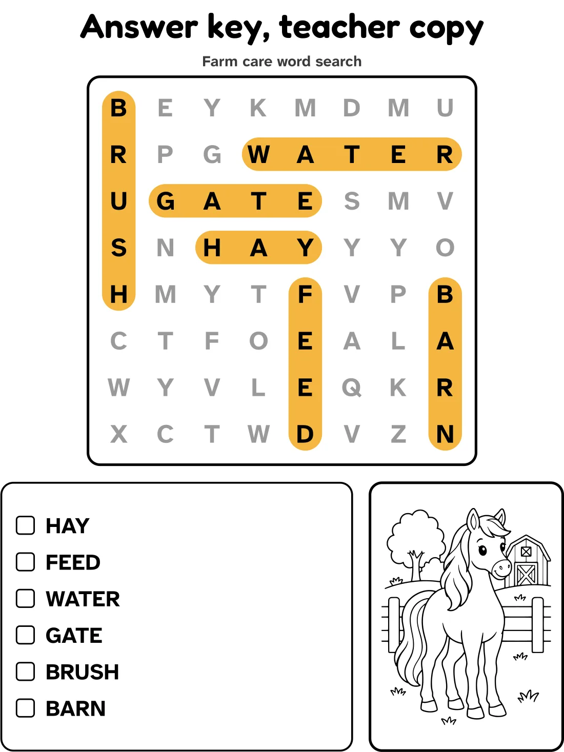 Answer key for the farm care word search