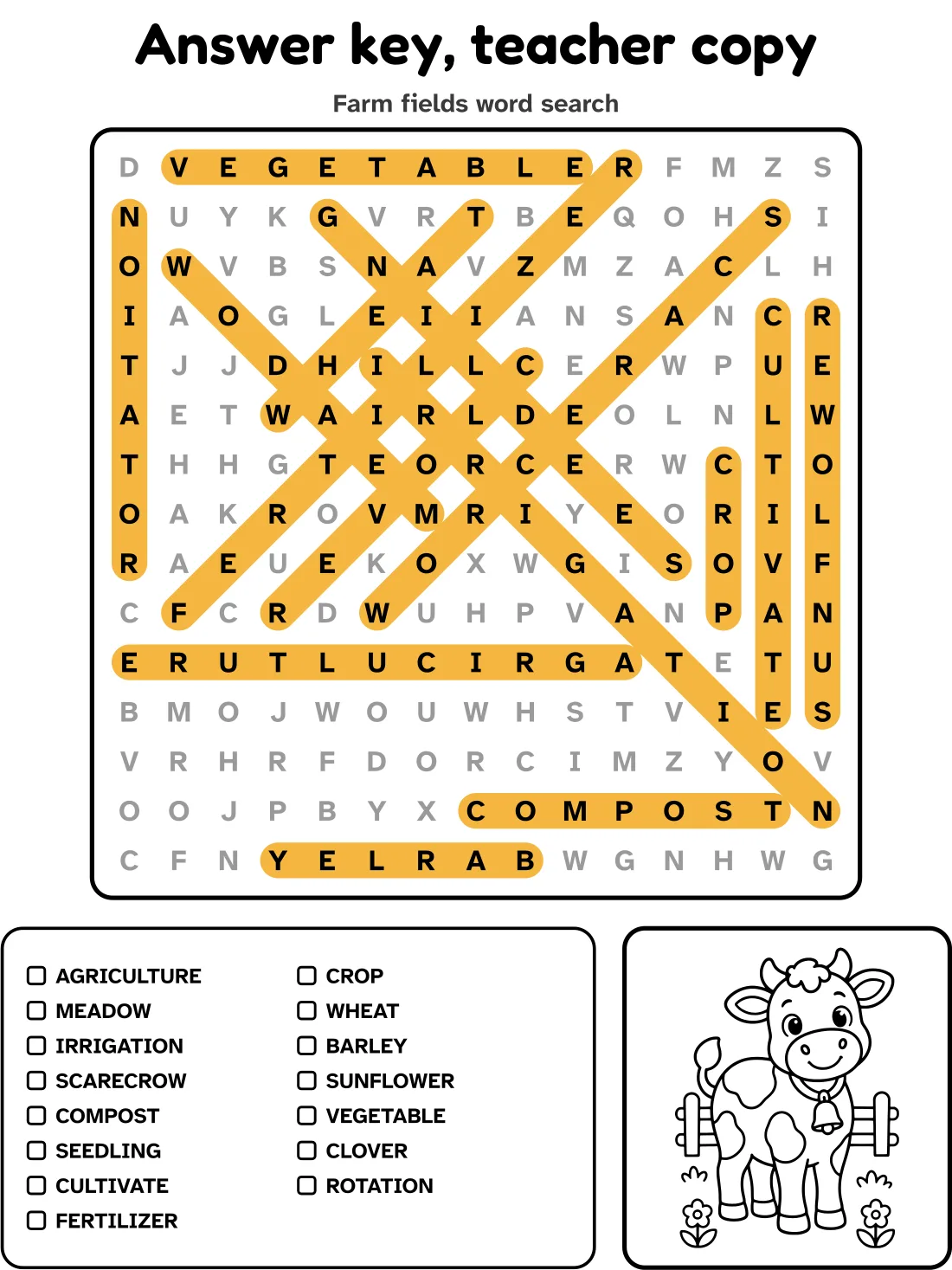 Answer key for the farm fields word search