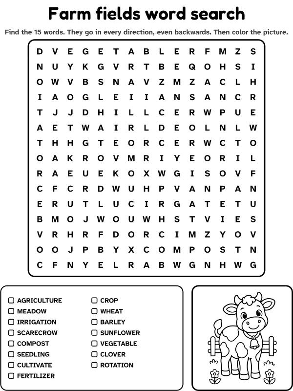 Farm fields word search with 15 words to find and a picture to color