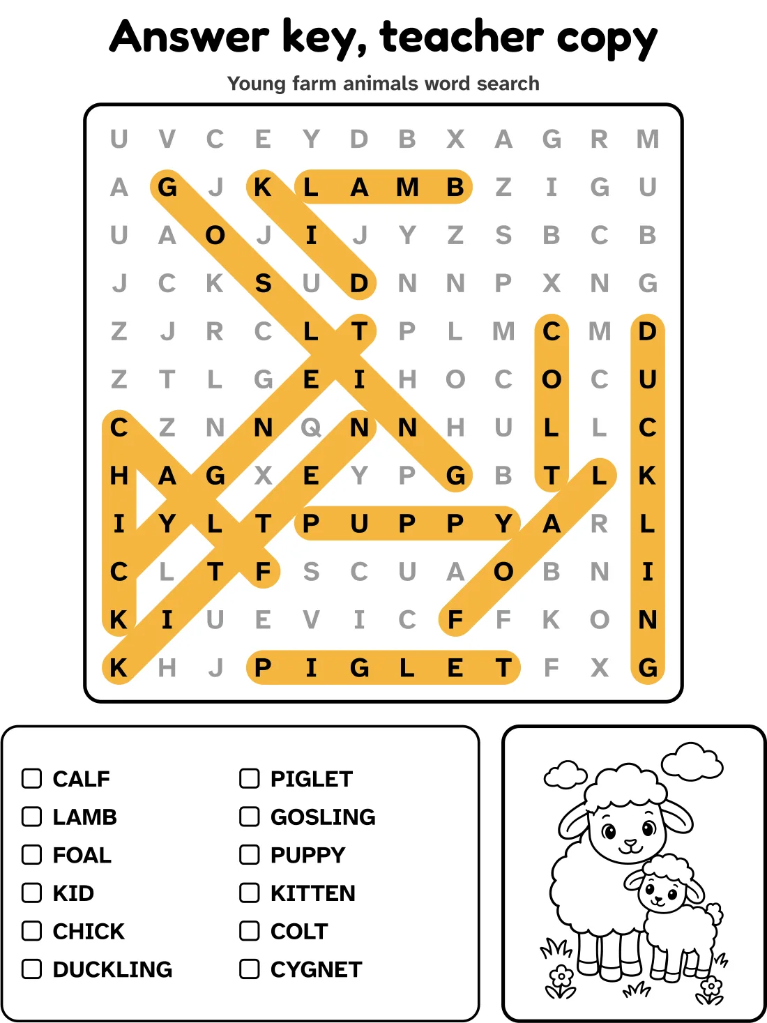 Answer key for the young farm animals word search