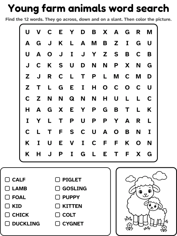 Young farm animals word search with 12 words to find and a picture to color