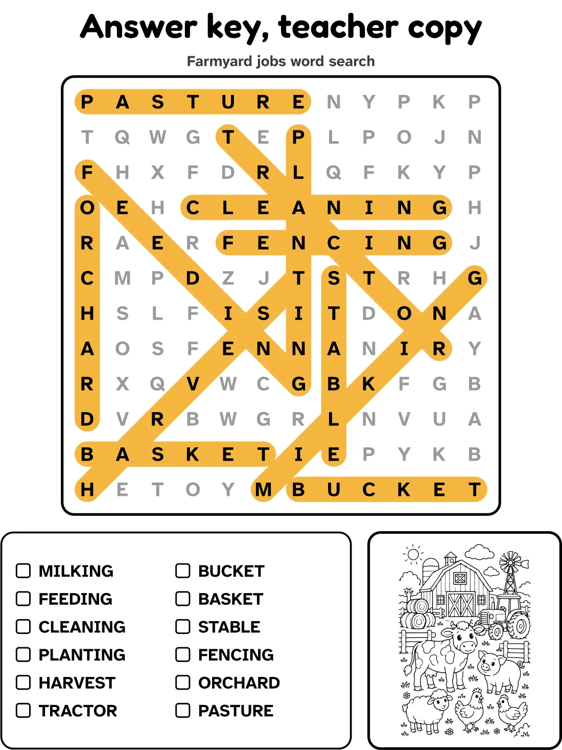 Answer key for the farmyard jobs word search