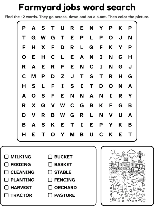 Farmyard jobs word search with 12 words to find and a picture to color