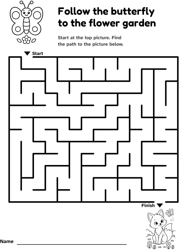 Butterfly to fox maze: follow the butterfly to the flower garden, with pictures at the start and finish