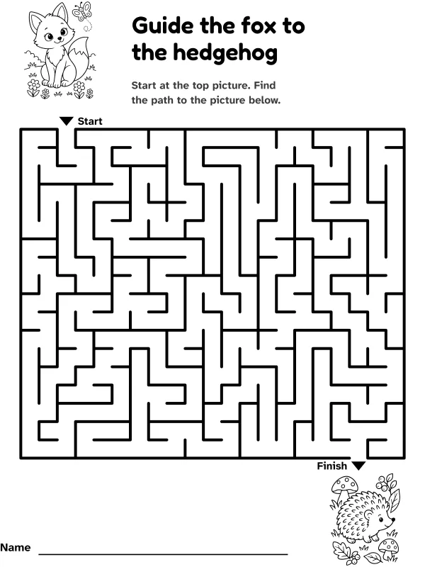 Fox to hedgehog maze: guide the fox to the hedgehog, with pictures at the start and finish