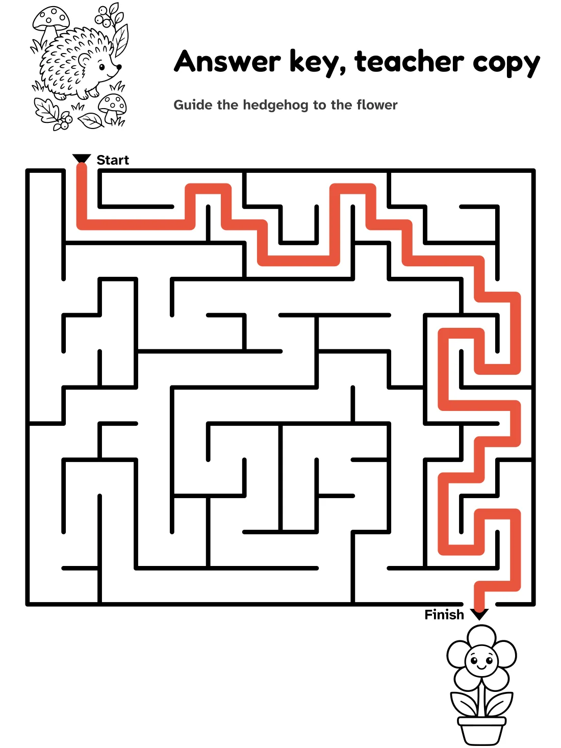 Answer key for the hedgehog to flower maze
