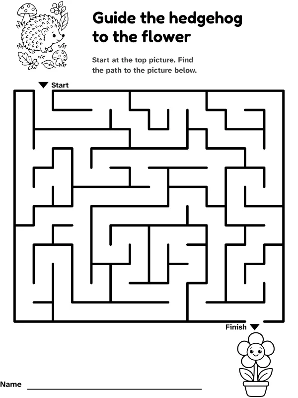 Hedgehog to flower maze: guide the hedgehog to the flower, with pictures at the start and finish