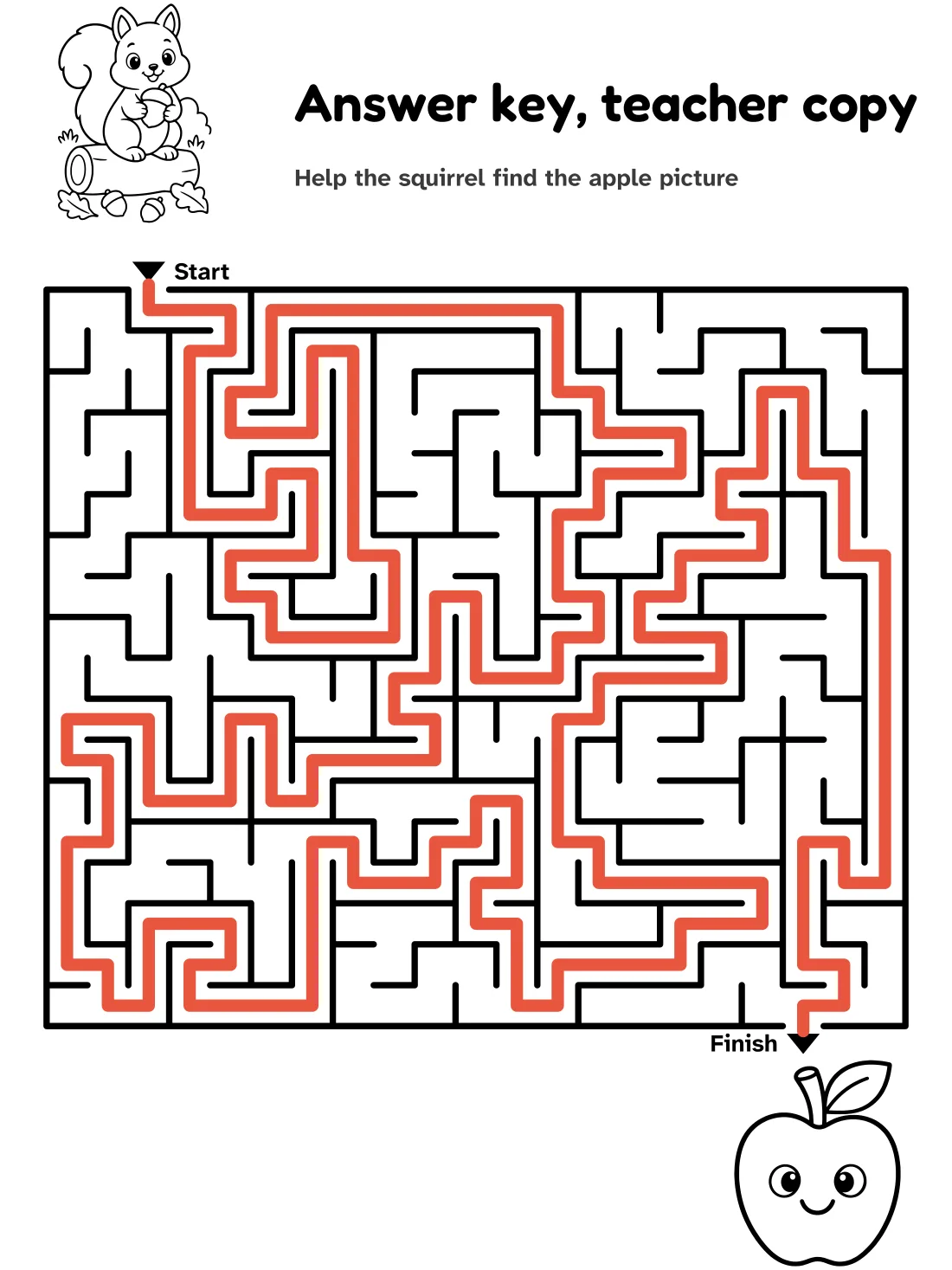 Answer key for the squirrel to apple maze