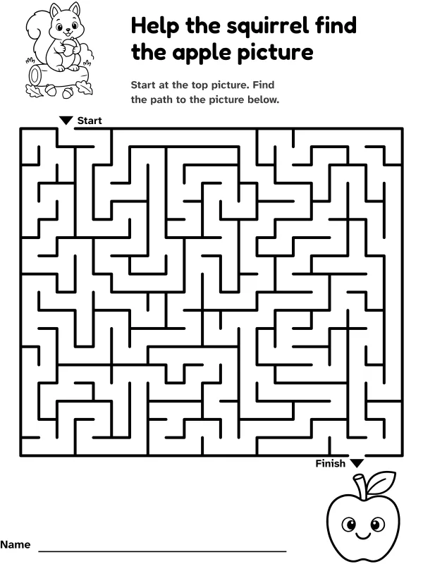 Squirrel to apple maze: help the squirrel find the apple picture, with pictures at the start and finish
