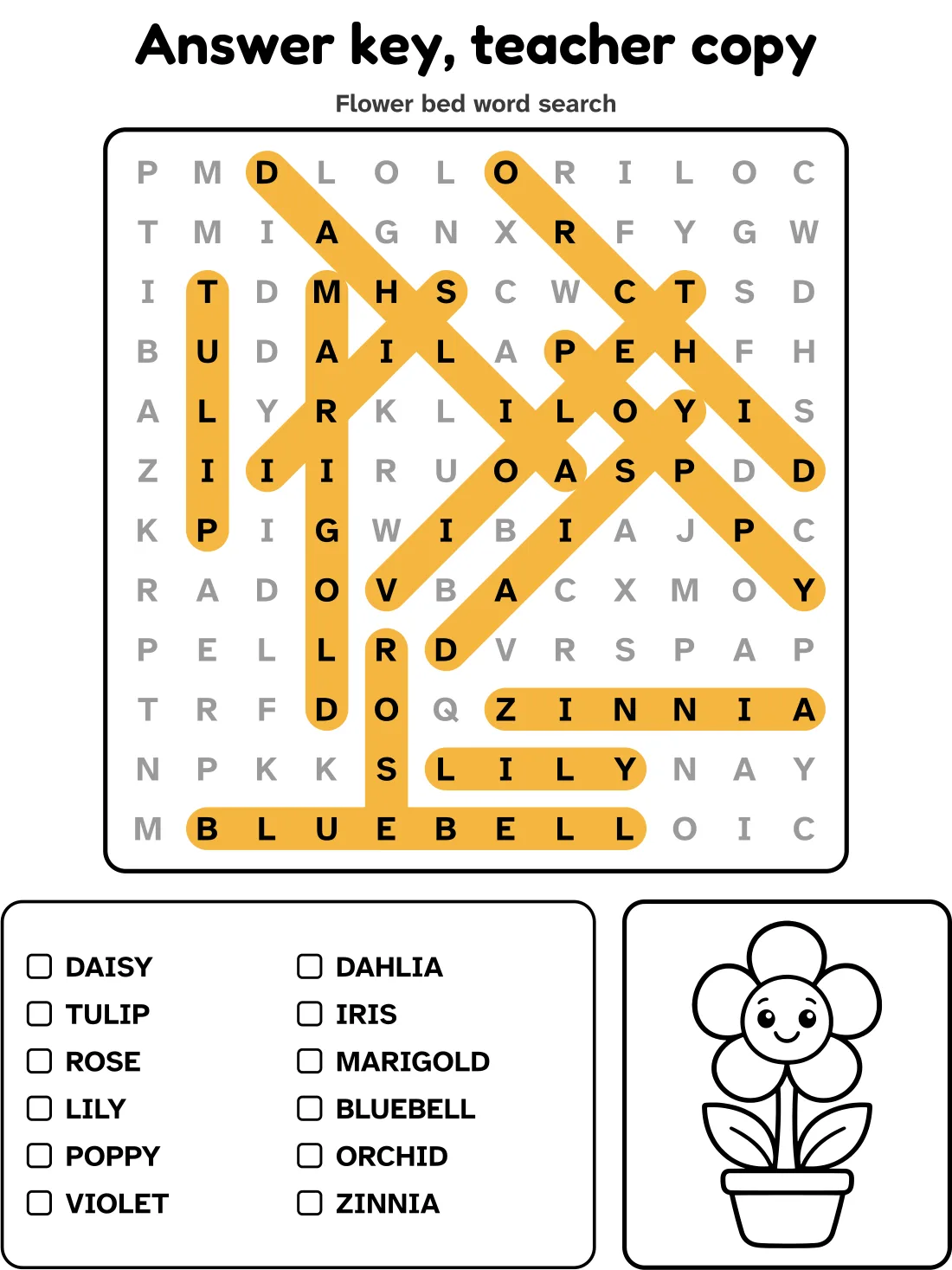 Answer key for the flower bed word search