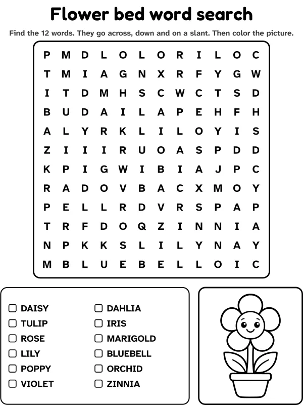 Flower bed word search with 12 words to find and a picture to color