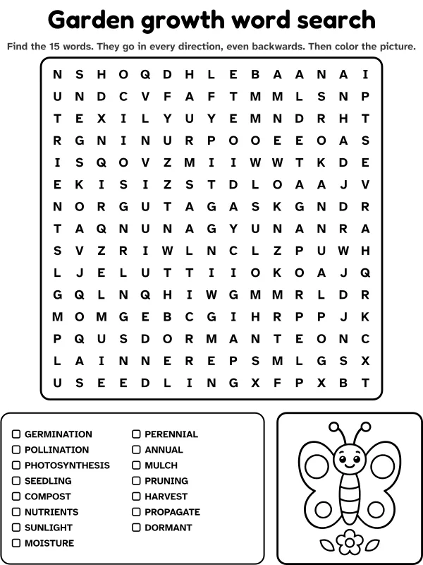 Garden growth word search with 15 words to find and a picture to color