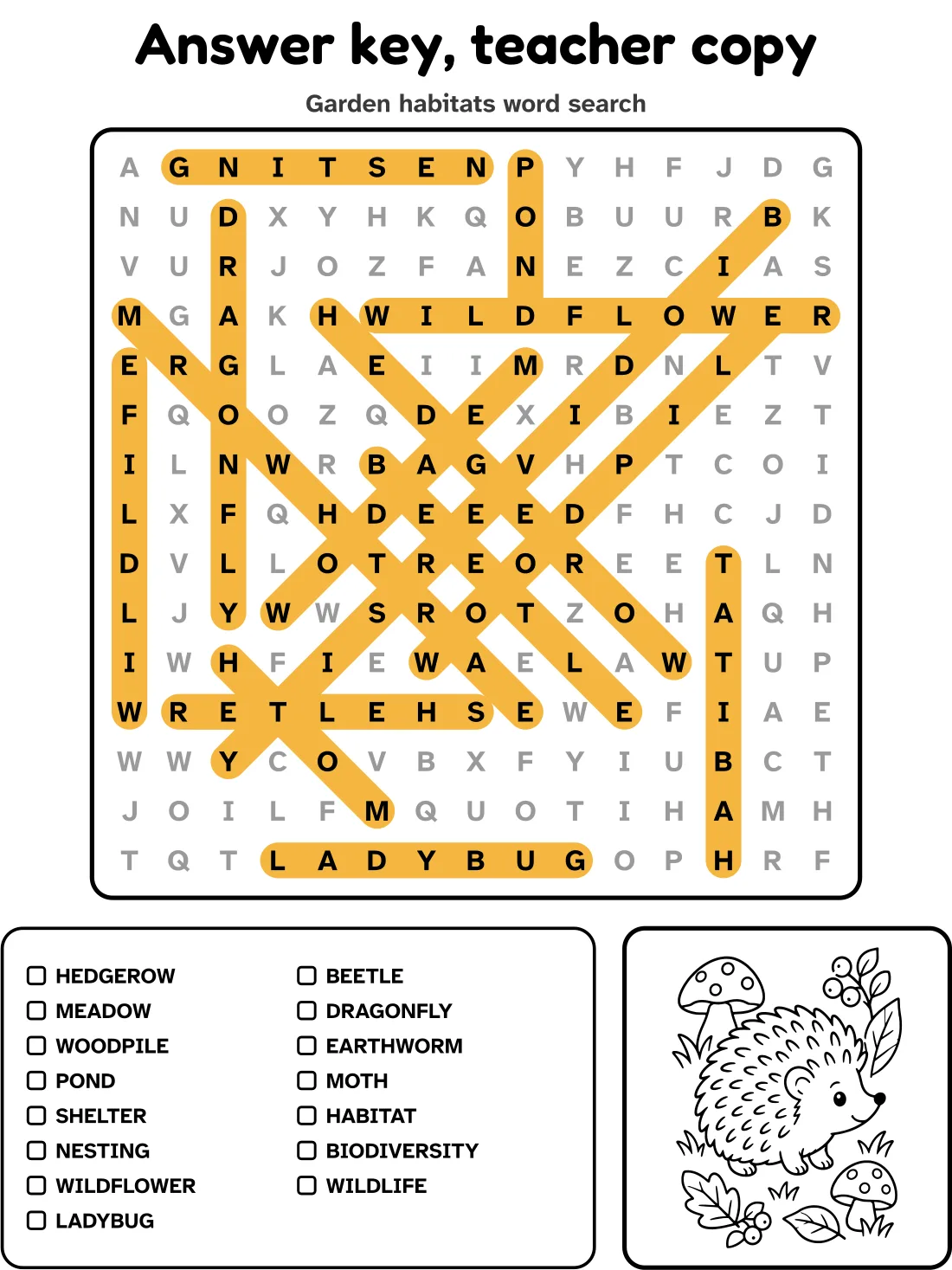 Answer key for the garden habitats word search