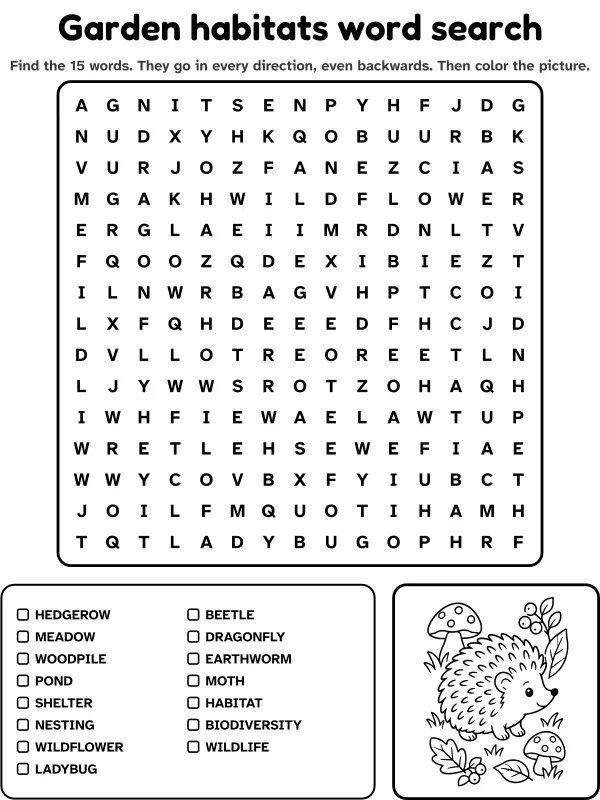 Garden habitats word search with 15 words to find and a picture to color