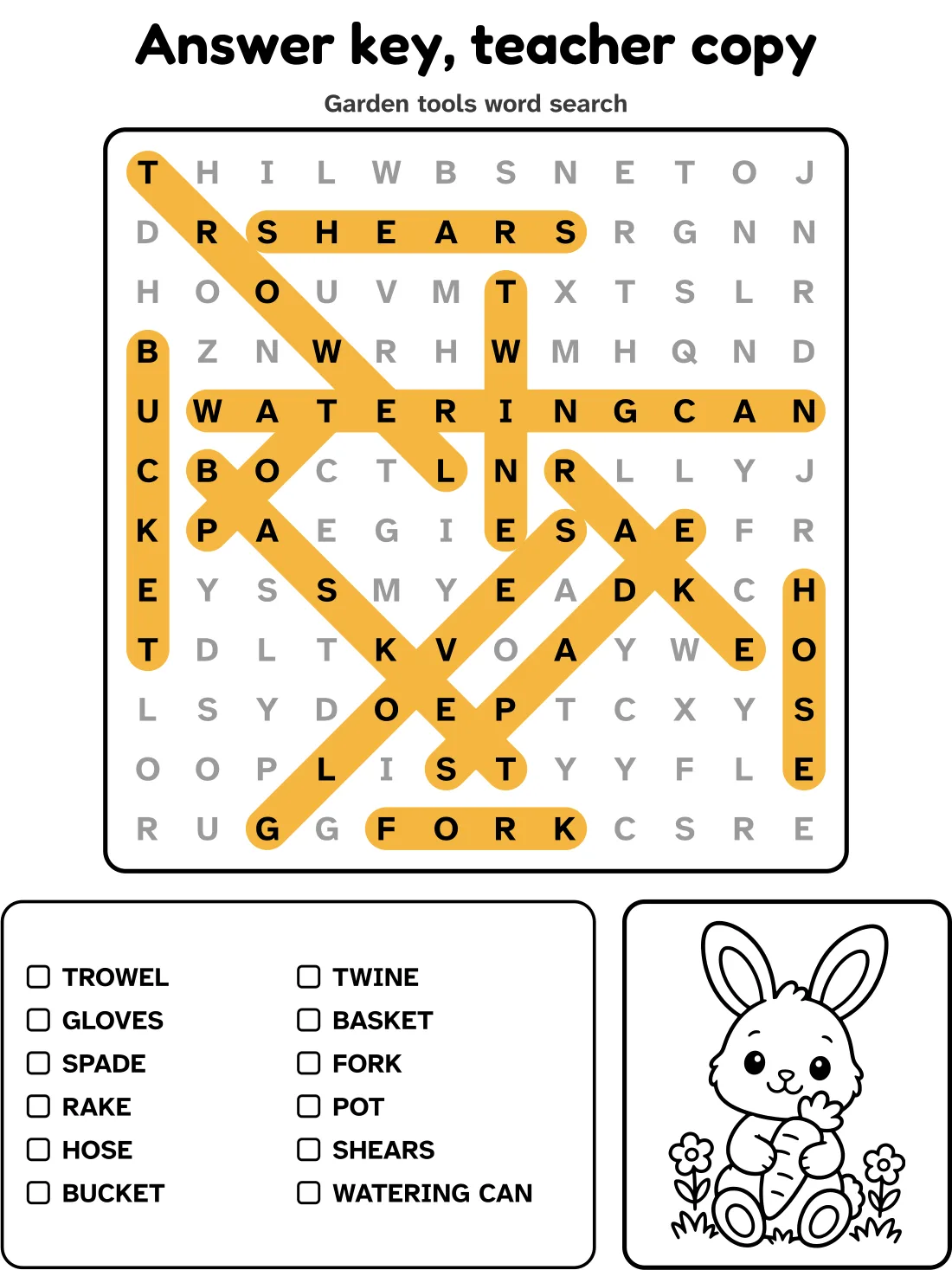 Answer key for the garden tools word search