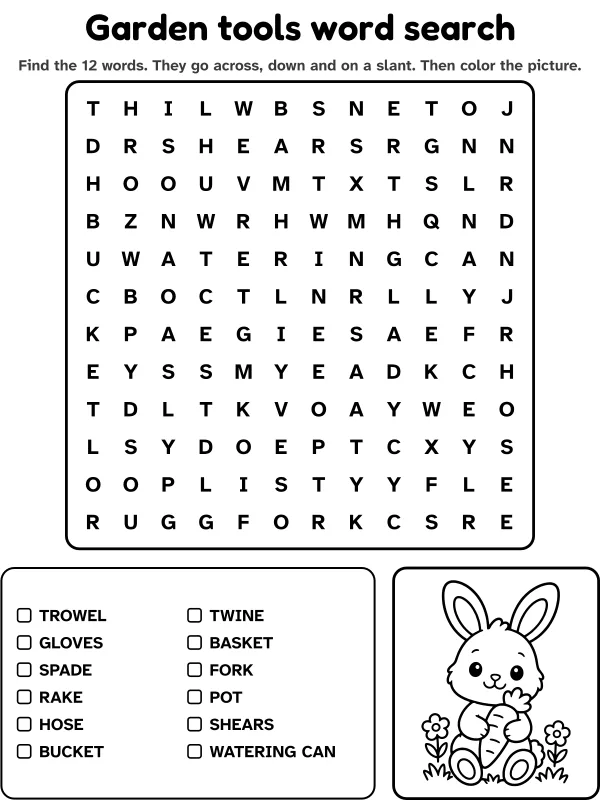 Garden tools word search with 12 words to find and a picture to color
