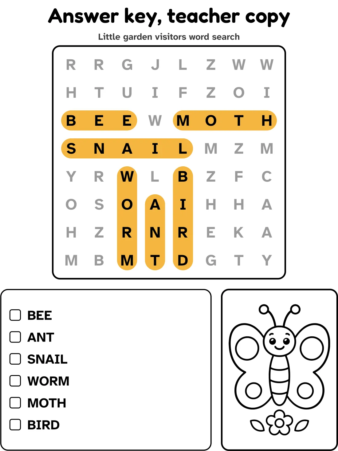 Answer key for the little garden visitors word search