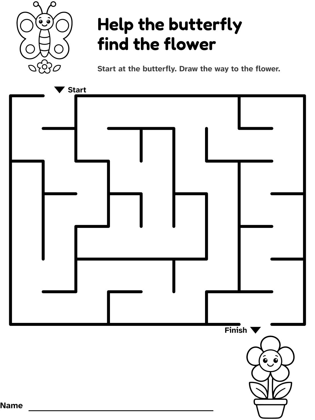 Butterfly and flower maze: help the butterfly find the flower, with pictures at the start and finish