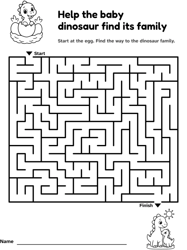 Baby dinosaur maze: help the baby dinosaur find its family, with pictures at the start and finish